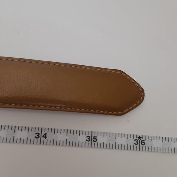 Vintage 80s Genuine Leather Belt Gold Metallic Rectangle Braided Buckle Womens M - Picture 6 of 7